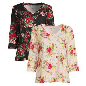 Pioneer Woman Dark Floral & Sweet Rose Long Sleeve V-Neck T Shirts 2 Pk SM - NWT